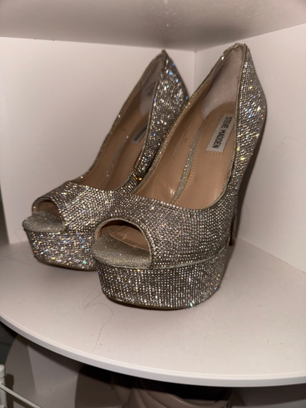 Steve Madden Silver Crystal Peep-Toe Platform Heels
